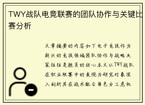 TWY战队电竞联赛的团队协作与关键比赛分析