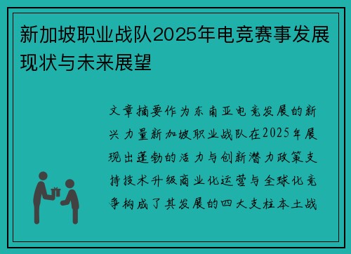 新加坡职业战队2025年电竞赛事发展现状与未来展望