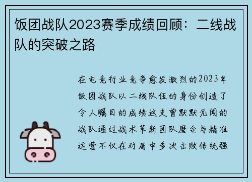 饭团战队2023赛季成绩回顾：二线战队的突破之路